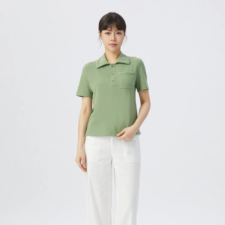 GIRDEAR/哥弟【薄荷曼波】气质显瘦夏季翻领短袖质感小香T恤1300775