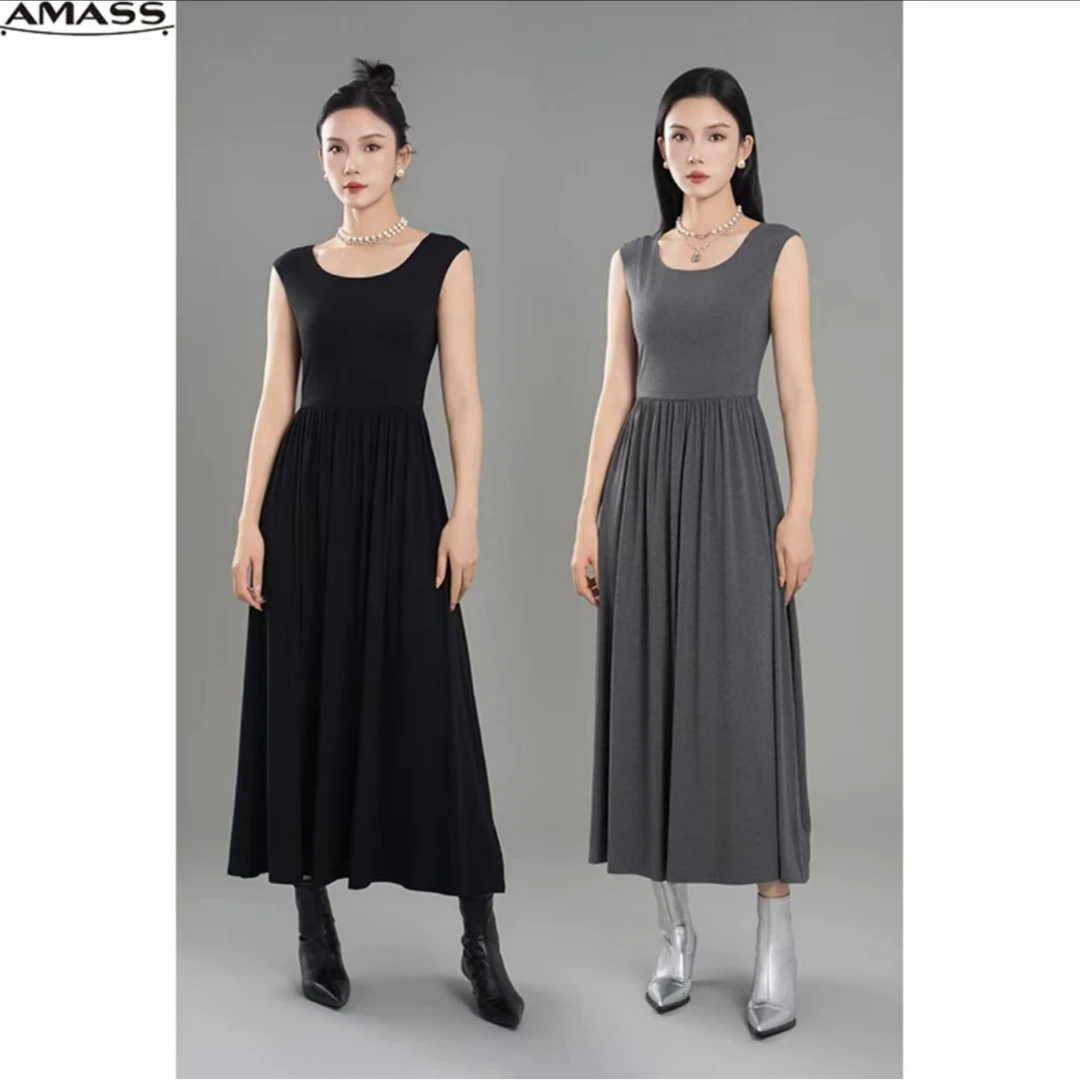 AMASS/阿玛施新款A字裙时尚百搭垂坠感纯色中长款连衣裙550031
