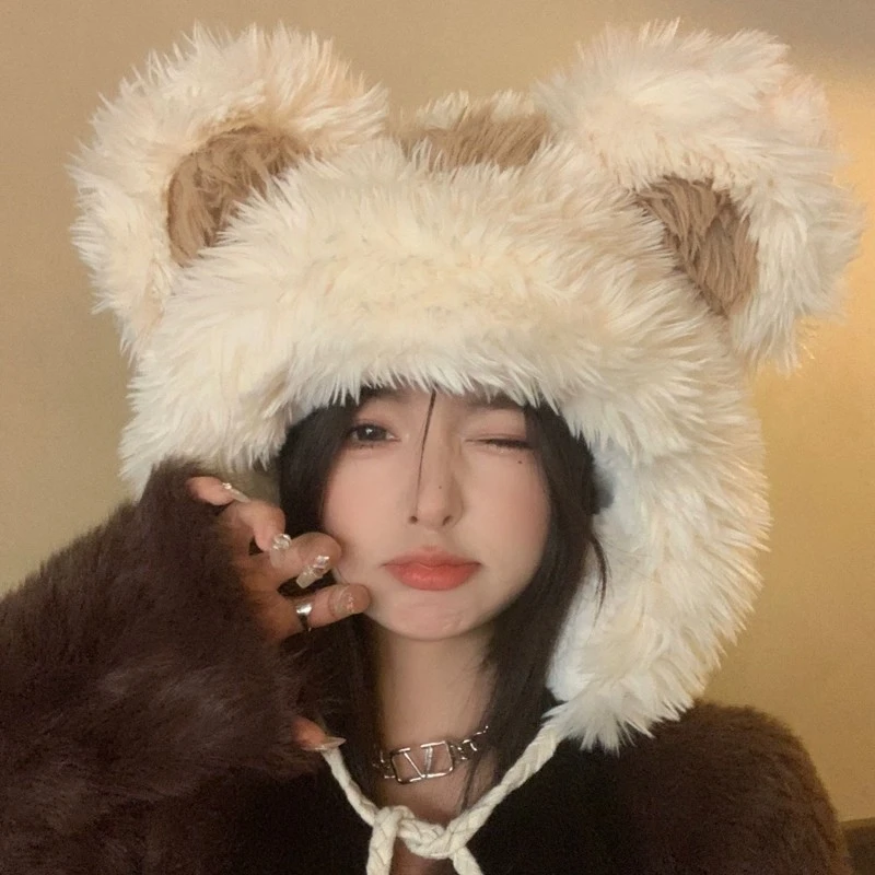卡通小熊帽女秋冬可爱百搭毛绒帽户外保暖加厚护耳帽显脸小雷锋帽