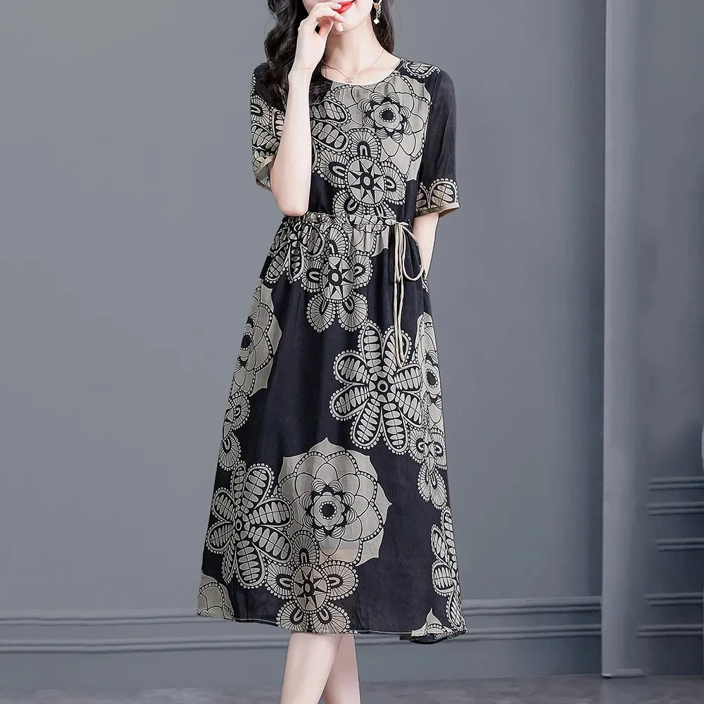 1347奢华时尚印花连衣裙2025夏季新款宽松显瘦减龄洋气长裙