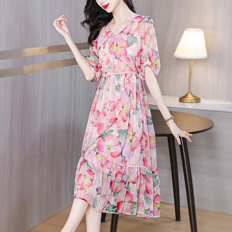 2270 轻奢大牌法式气质印花连衣裙2025夏季新款碎花显瘦收腰长裙