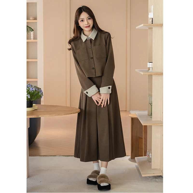 【晚月颂诗】原创高美拉德咖色套装学院风JK制服套装百褶裙小香风