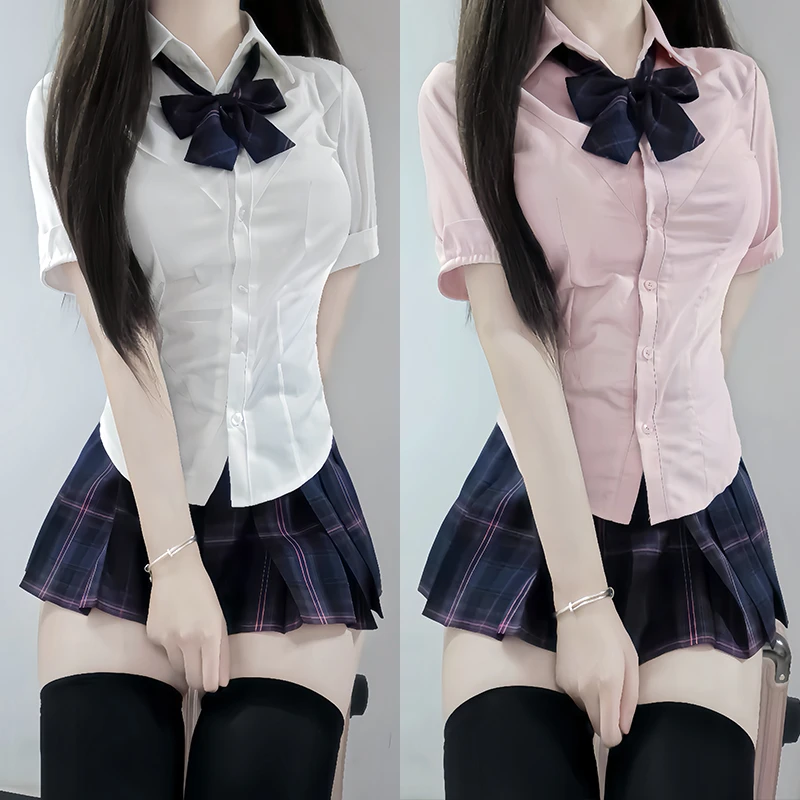 【粉黛】+小野霖辣妹收腰衬衫套装 TR面料黑粉发光 JK制服