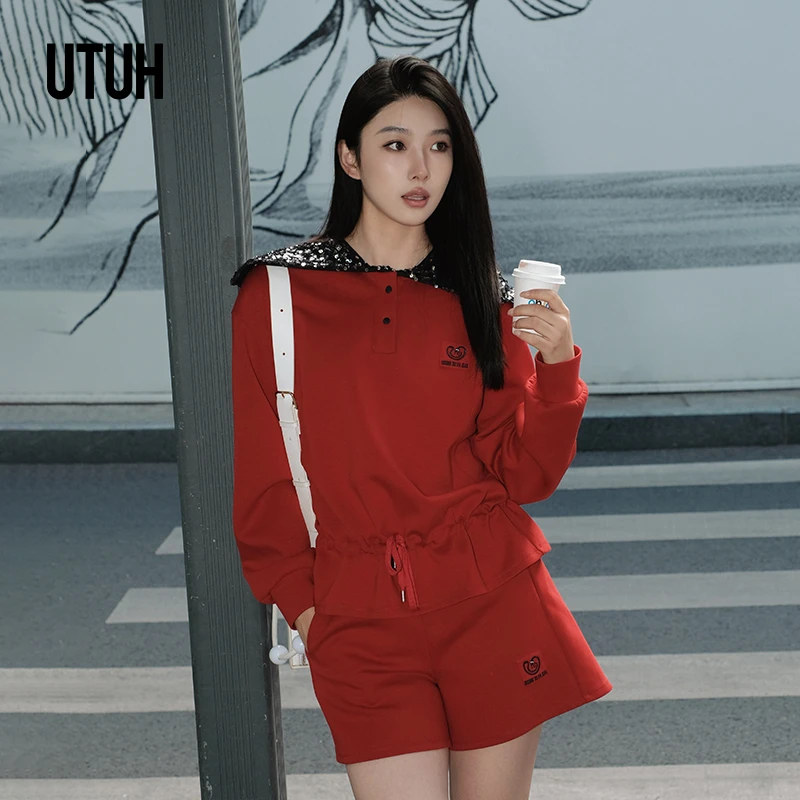 UTUH 红色海军领卫衣短裤奢华精致气质千金淑女风套装 TLWFW3F317