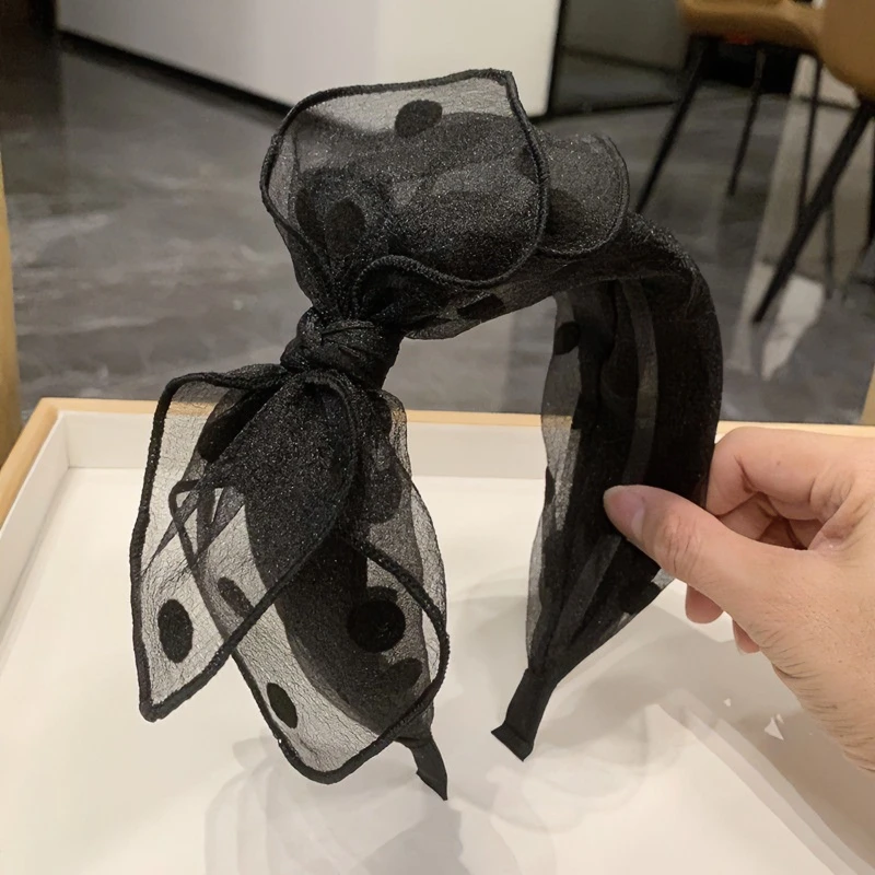 黑色网纱蝴蝶结波点发箍带齿防滑洋气发夹宽边发卡成人简约百搭女