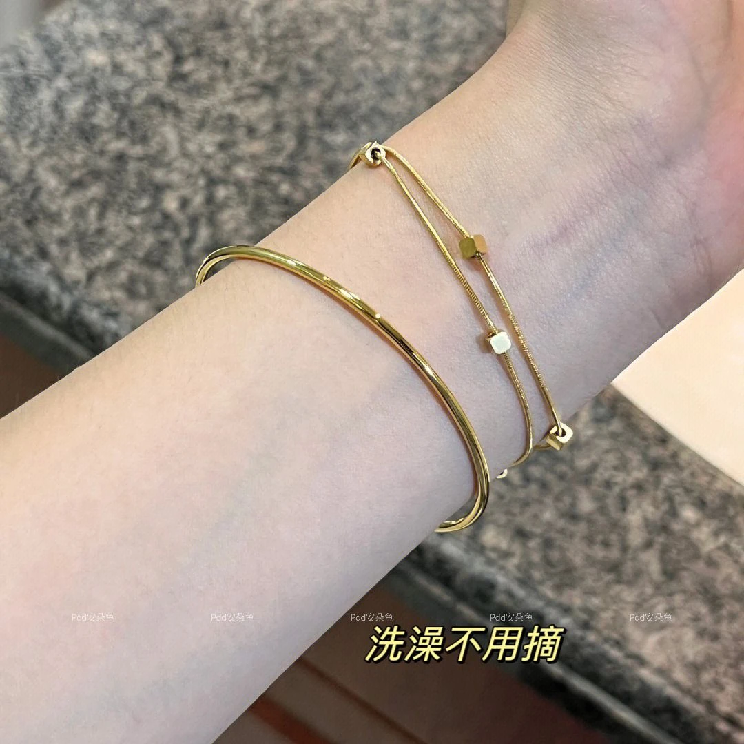 钛钢手链 【不掉色】钛钢手链简约高级感金色立体小方块双层百搭i