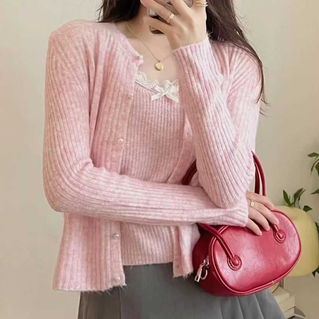 甜美蝴蝶结针织开衫女2024秋季新款修身显瘦吊带背心两件套秋