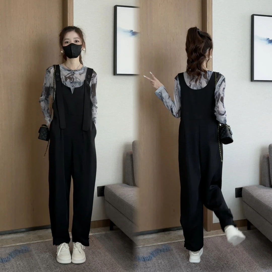 2025休闲时尚背带裤子+水墨上衣两件套阔腿连体减龄薄款