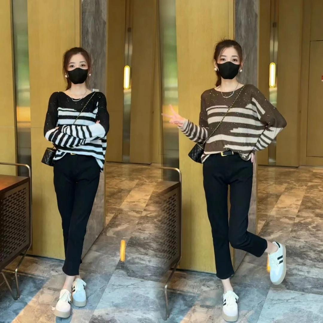2025慵懒条纹长袖秋季新款洋气休闲百搭宽松亮片针织衫套装