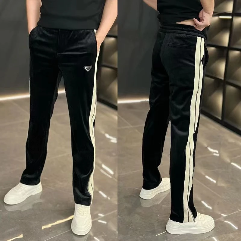 欧货丝绒直筒卫裤男高档慵懒风织带拼接阔腿裤百搭修身休闲长裤