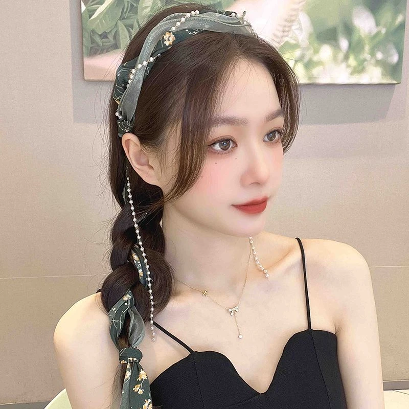 法式轻奢链条流苏珍珠欧根纱碎发卡编发发箍新款带齿防滑头箍发饰