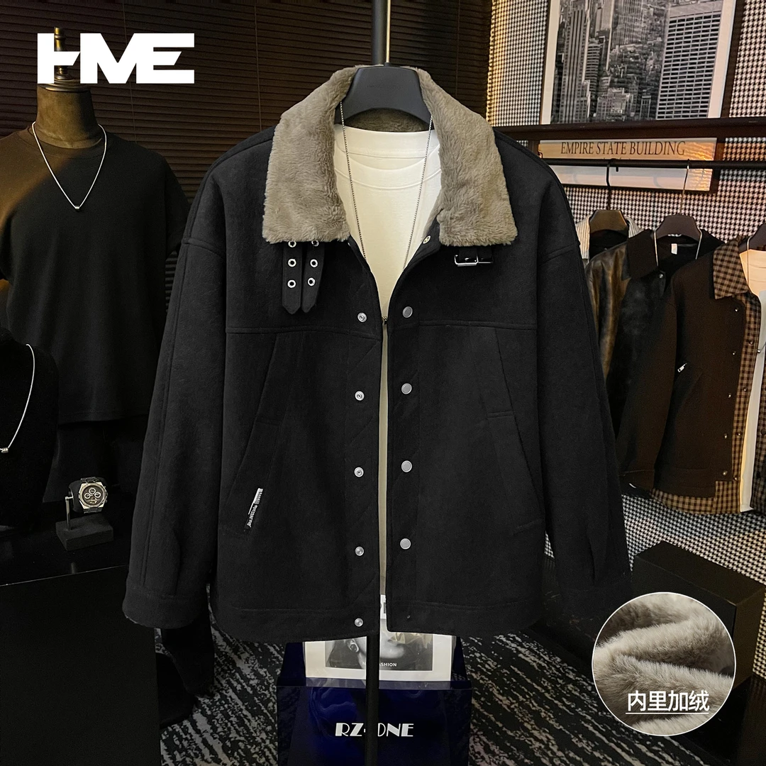 【HMEYAO】男士冬季高定复古时尚皮夹克保暖加绒翻领休闲厚款外套