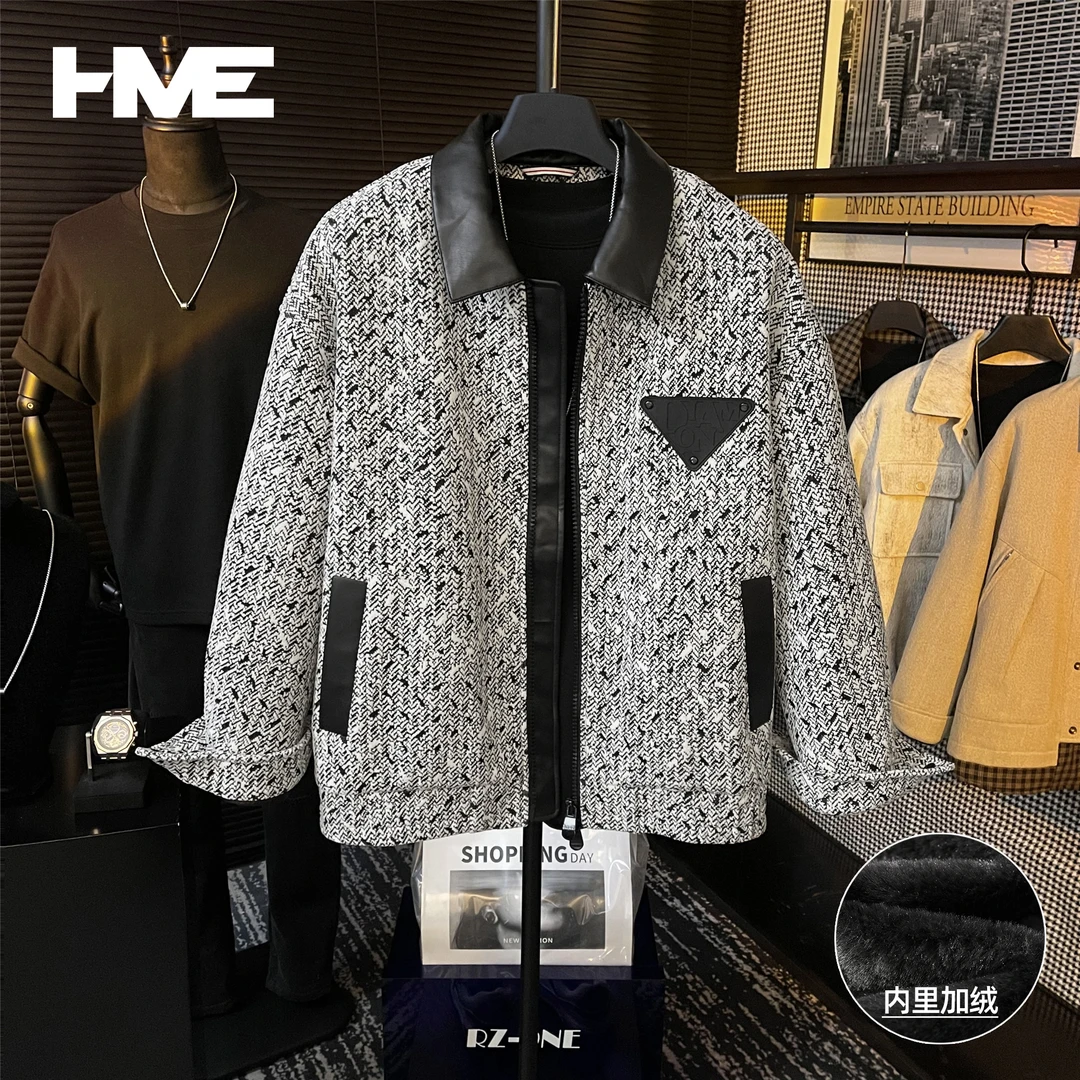 【HMEYAO】男士冬季高定原创设计雪尼尔拼接皮加厚加绒翻领夹克外套