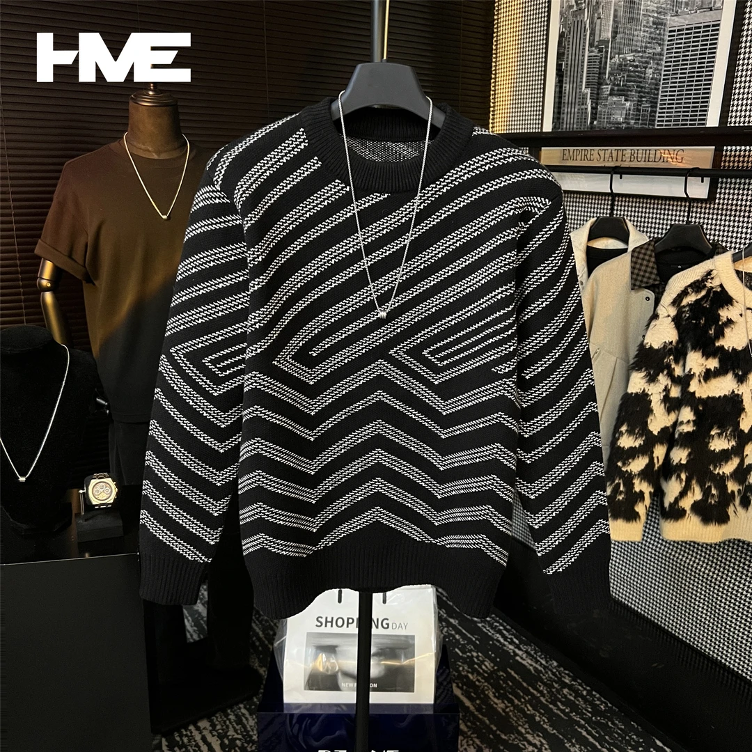 【HMEYAO】重磅800g高定提花撞色明线设计款圆领保暖毛衣针织衫