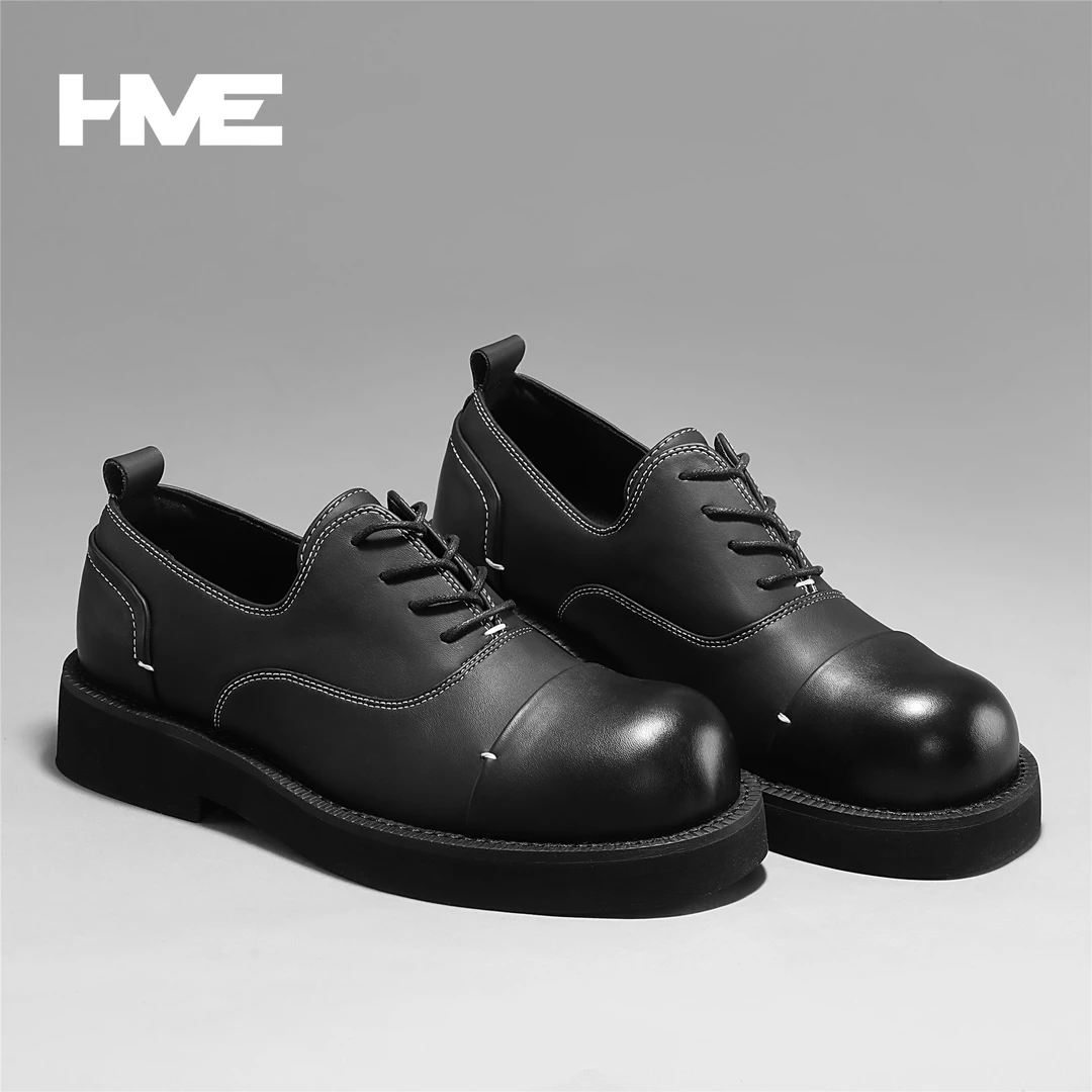 【HMEYAO】时尚百搭明线纯色圆头休闲皮鞋增高厚底系绳黑色男士鞋子