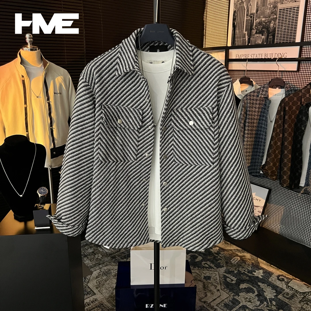 【HMEYAO】秋冬时尚创意斜条纹休闲夹克上衣青年痞帅百搭翻领外套男