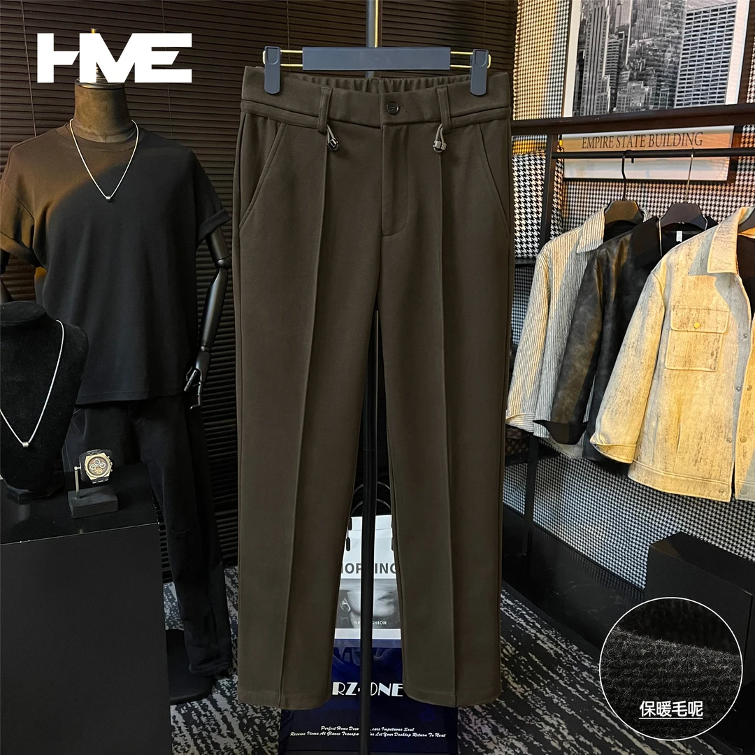 【HMEYAO】冬季时尚松紧腰抽绳设计加厚保暖毛呢裤男士微锥直筒长裤