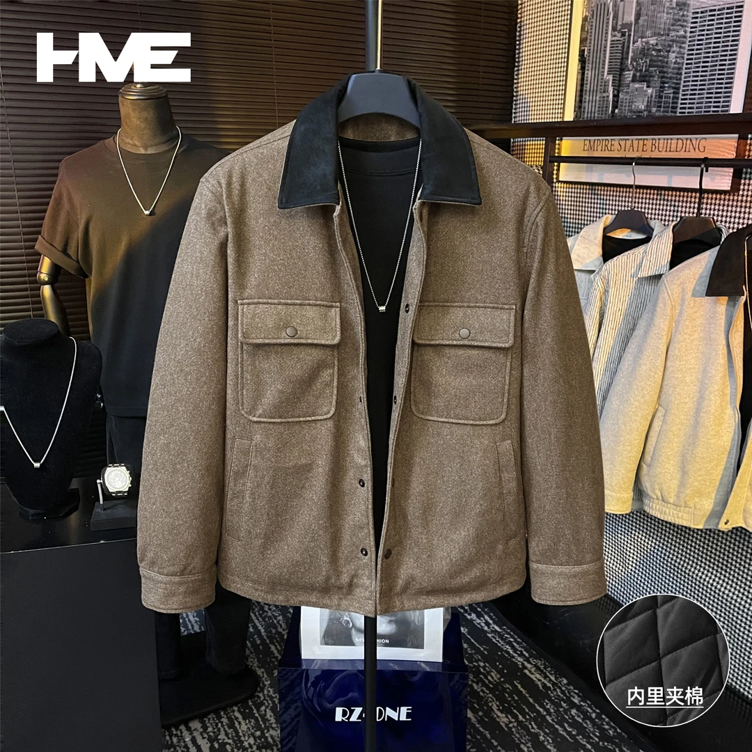 【HMEYAO】男士冬季原创高定设计磨毛棉加厚保暖拼接皮翻领夹克外套