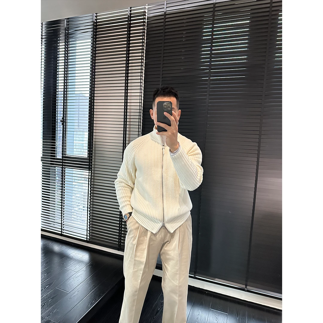 DAN LANG 158# 真皮镶边门禁立领拉链外套粗针插肩袖