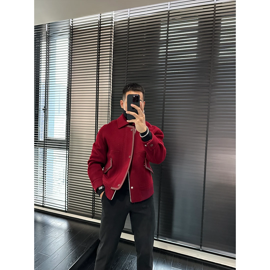 DAN LANG  150# 翻领口袋拼皮夹克外套厚款秋冬百搭时尚