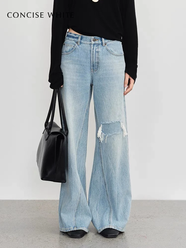 CONCISE-WHITE简白2024秋季新款破洞直筒休闲牛仔长裤设计师品牌