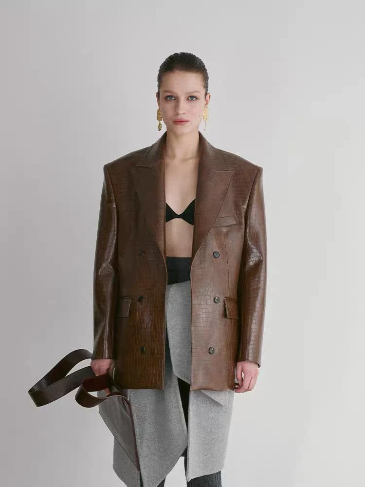 RECTO韩国设计师品牌24秋冬新款纯色鳄鱼压纹廓形西装