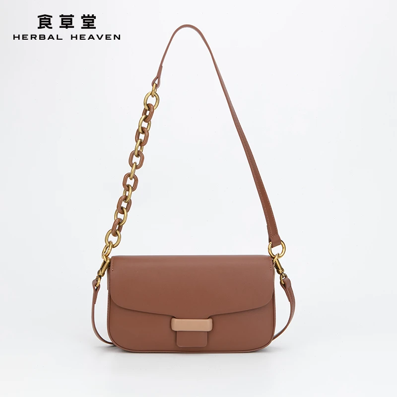 食草堂真皮休闲时尚气质简约小众百搭通勤单肩斜跨法棍包ZB-062