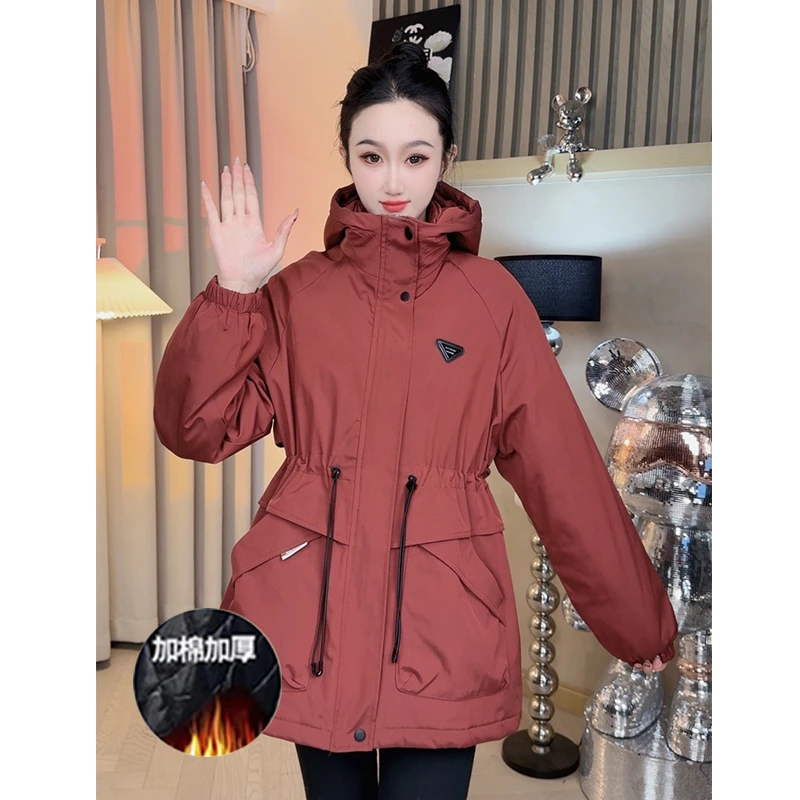 【三角标】2024新款加厚加棉纯色中长宽松收腰连帽冲锋衣时尚外套