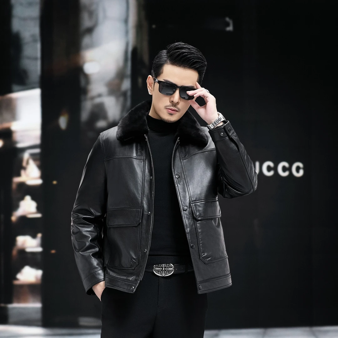 海宁真皮头层牛皮加厚羽绒皮衣男士短款时尚休闲水貂毛领秋冬2302