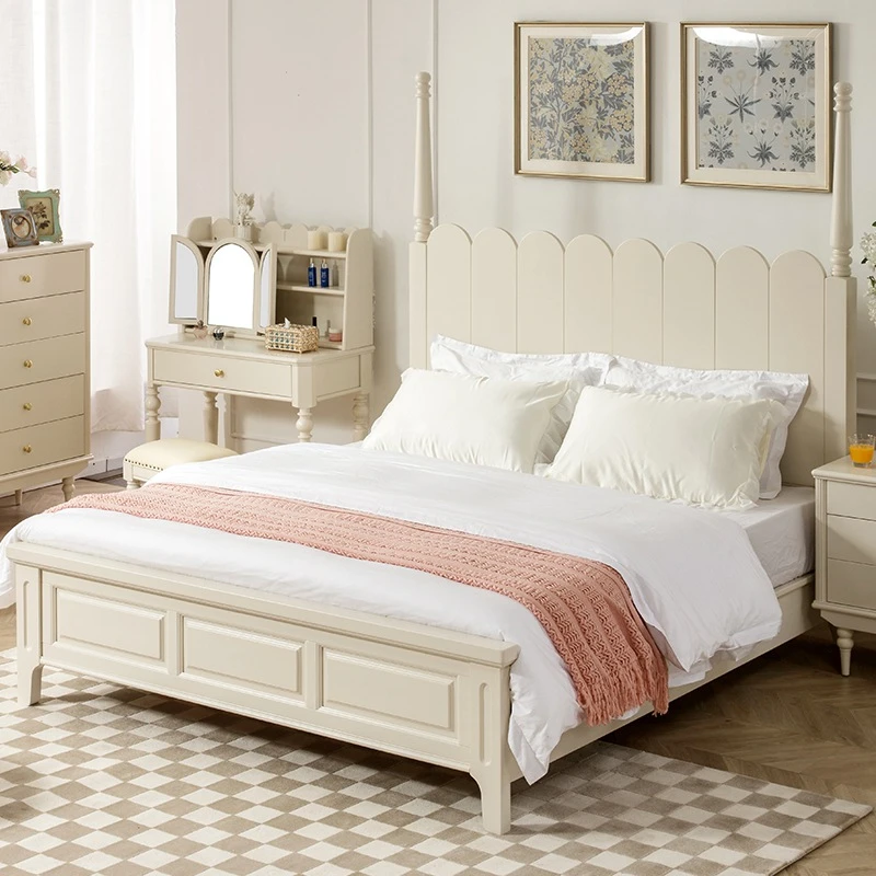 法式奶油风全实木床婚床白色美式主卧室家具纯原木高箱储物双人床