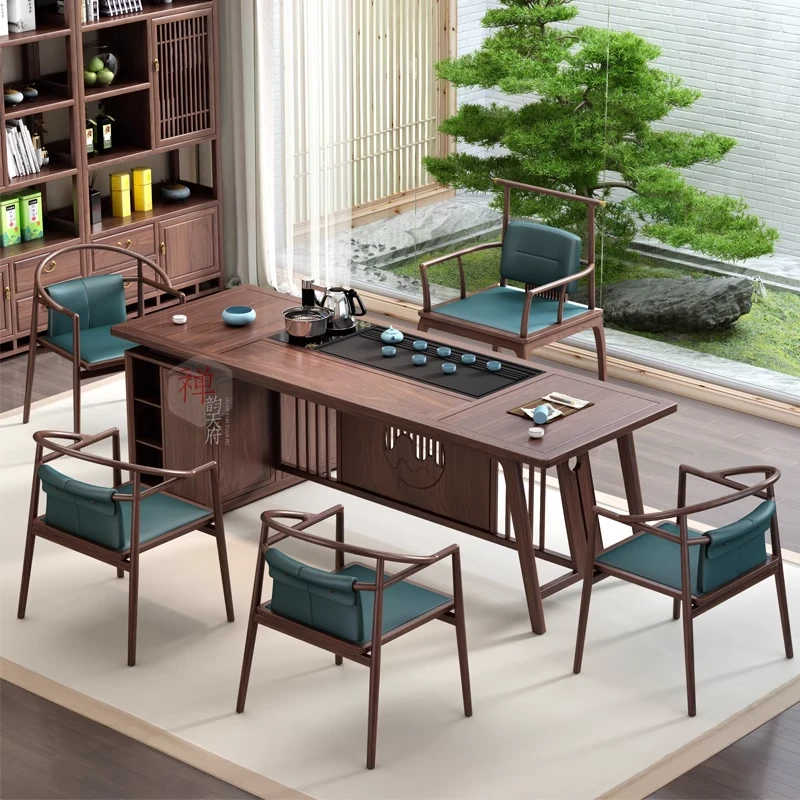 新中式泡茶桌实木茶桌椅一整套组合黑胡桃木台茶室茶柜置物架
