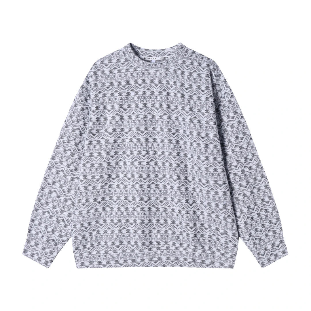 秋冬新款男士黑白横纹小碎花图案圆领日常长袖百搭套头时尚卫衣