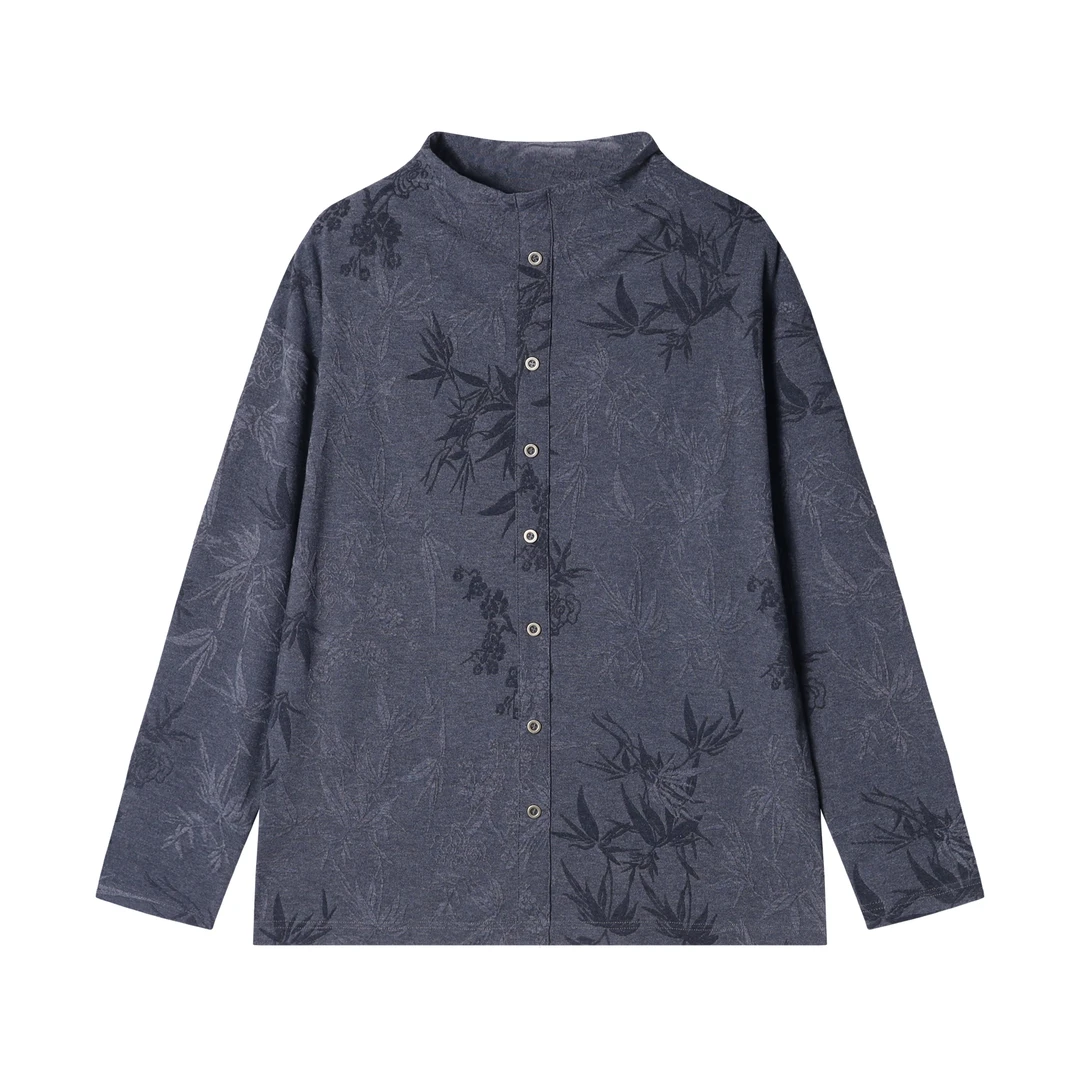 T1850新款时尚个性刺绣提花立领套头长袖T恤休闲碎花百搭上衣