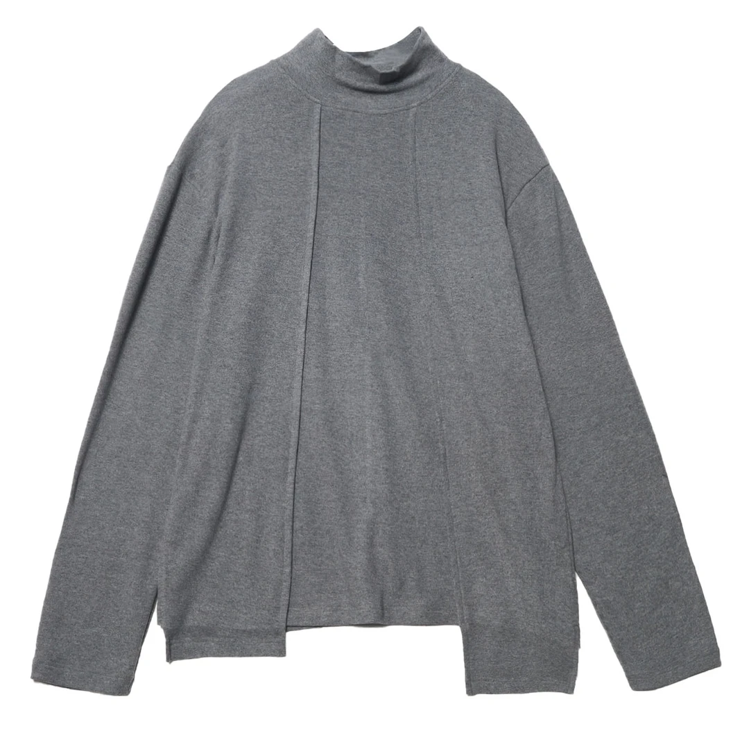 FT433早秋新款灰色纯色拼接不对称下摆高领长袖T恤休闲百搭上衣潮