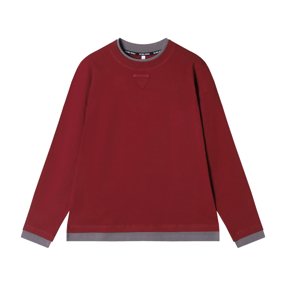 T1893新款时尚个性纯色倒三角圆领套头假两件长袖T恤休闲百搭上衣