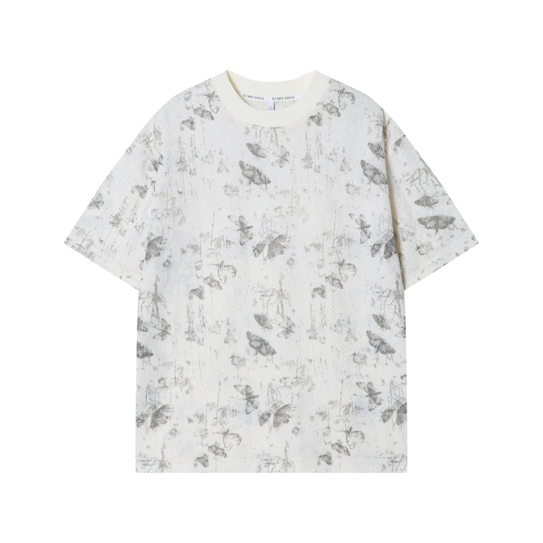 T1318新款针织做旧蝴蝶印花男士短袖时尚百搭休闲上衣宽松复古T恤