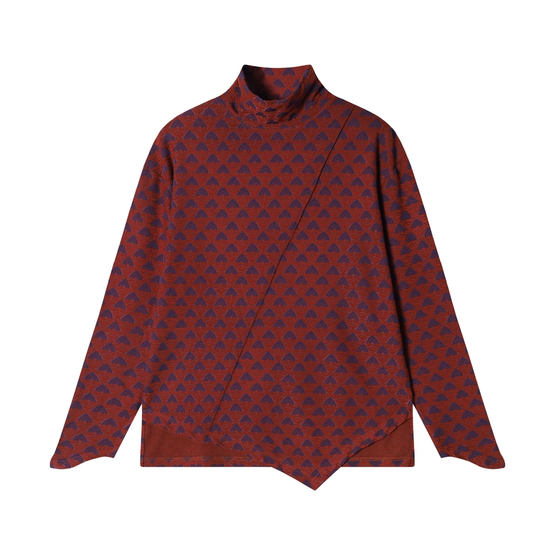 T1759新款美式个性提花下摆不规则半高领长袖百搭百搭印花上衣