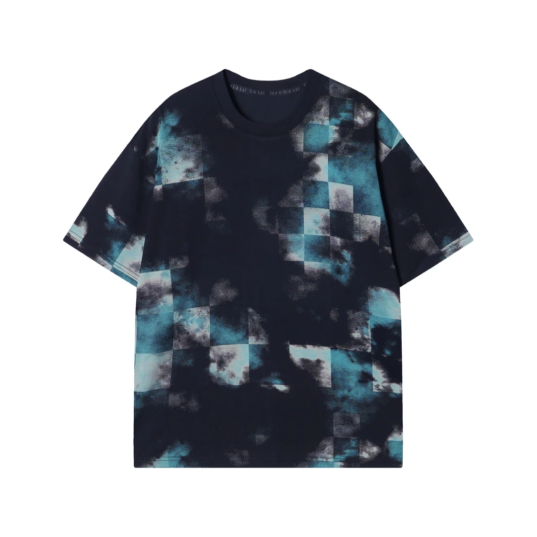 T1568新款时尚做旧格子印染男士短袖百搭休闲上衣宽松小众T恤