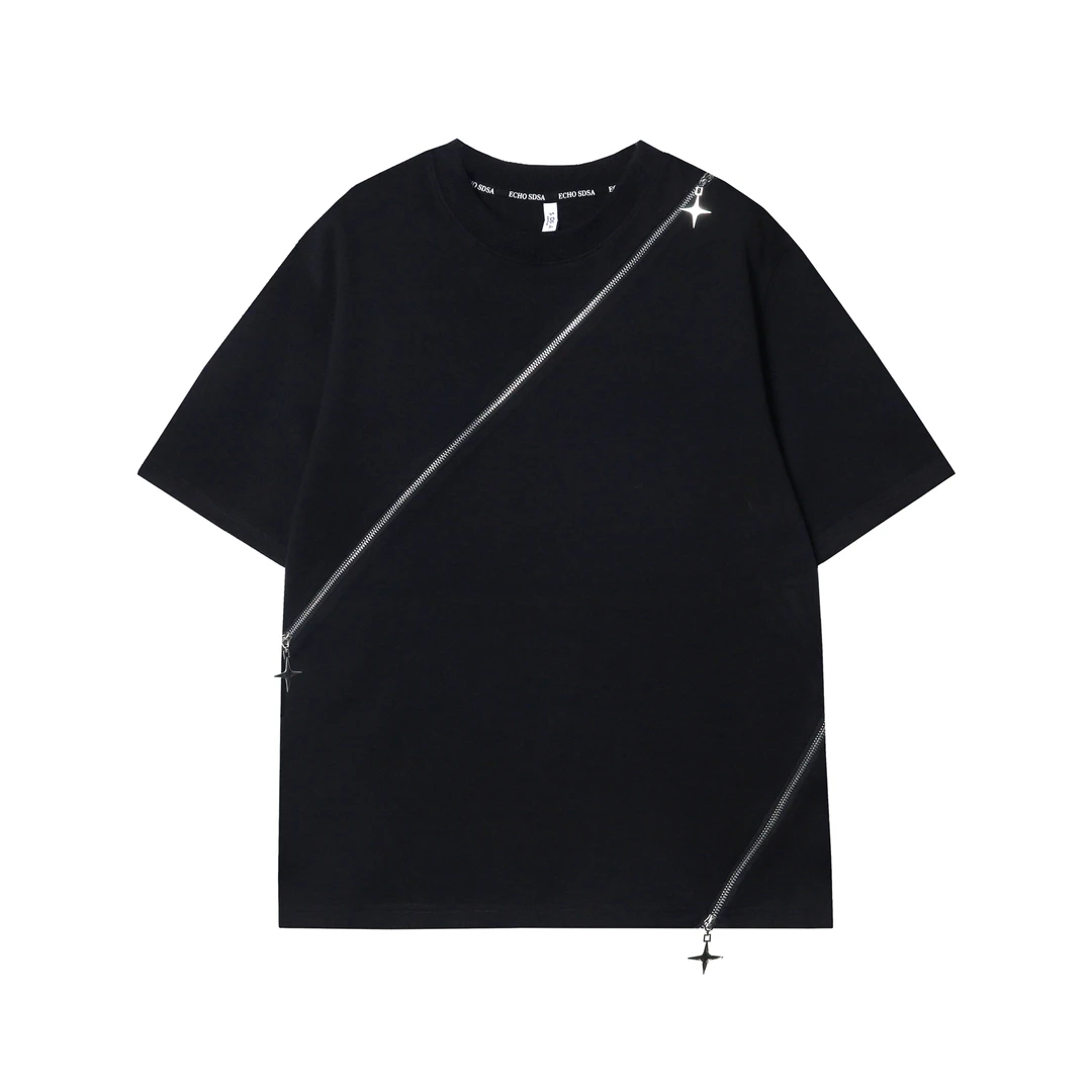 WZ16拉链设计感白色 T恤男士针织纯棉百搭半袖宽松纯色男女同款