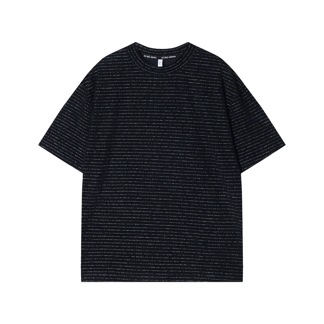 T1216夏季新款针织条纹男士上衣时尚亮片休闲短袖宽松潮流百搭T恤