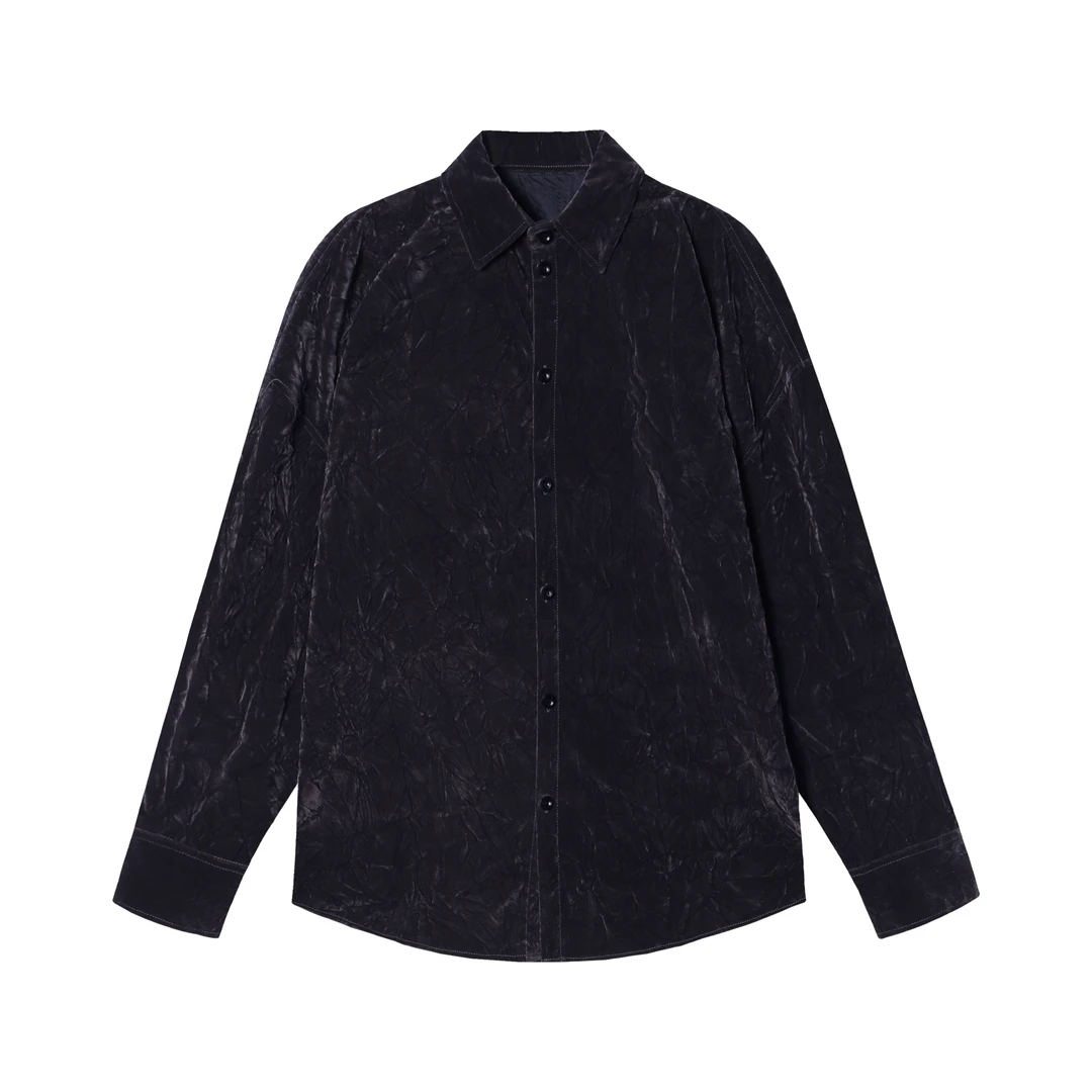 夏季新款时尚休闲褶皱做旧男士衬衫百搭设计长袖宽松复古上衣