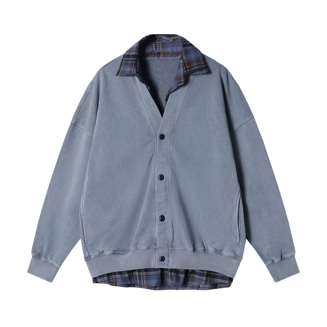 WY242新款潮牌美式ins格子拼接假两件外套男百搭复古宽松上衣