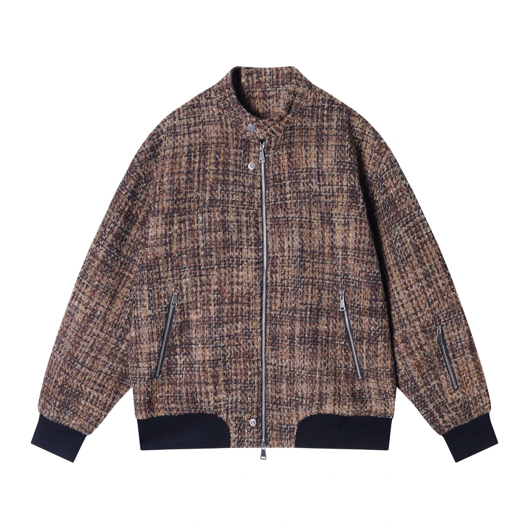 秋冬季新款复古丝绒格纹棒球领休闲百搭夹克宽松潮流外套