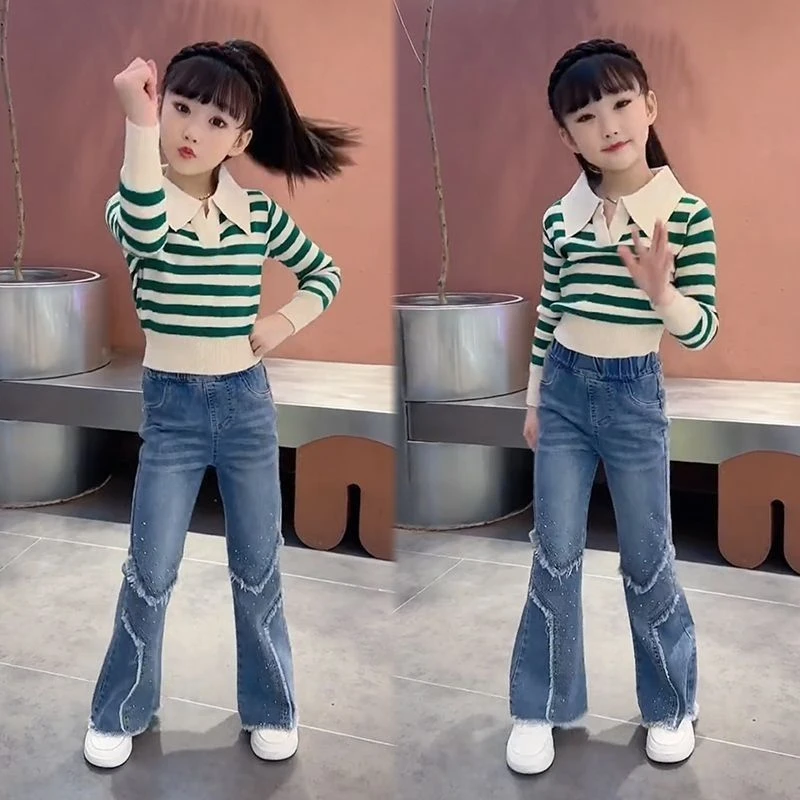 女童条纹polo针织衫套装2025新款洋气中大童镶钻牛仔喇叭裤两件套