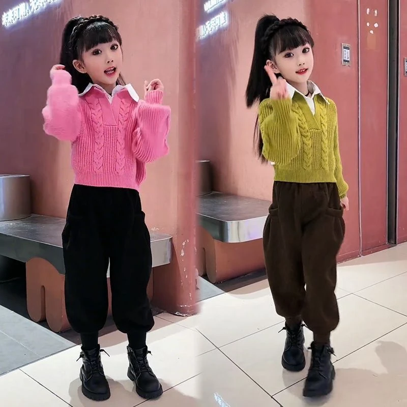 女童洋气假两件polo领设计感麻花针织毛衣时尚哈伦裤春秋韩版套装