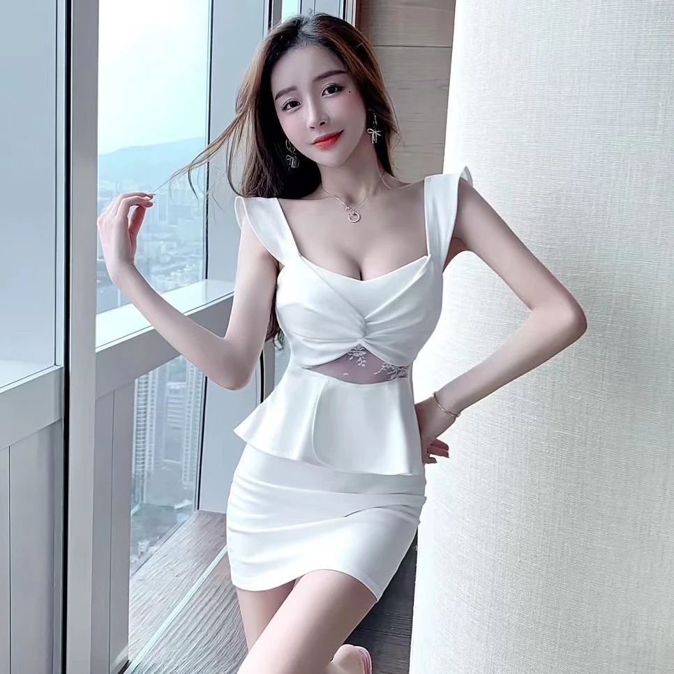 夜总店性感假两件低胸透视遮肚子显瘦夜场连衣裙柔式技师工作服女