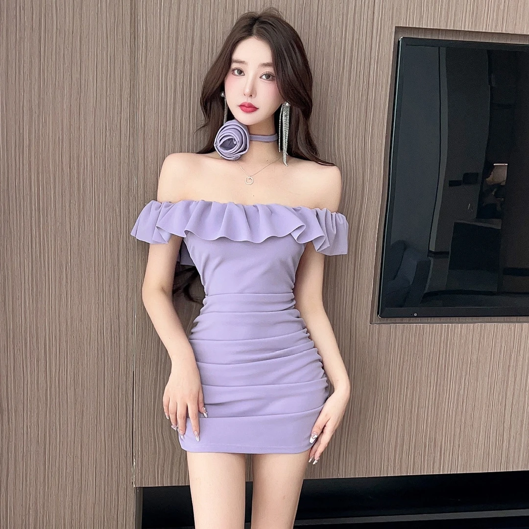 法式一字肩挂脖吊带连衣裙纯欲辣妹性感包臀裙高级感抹胸裙子夏季