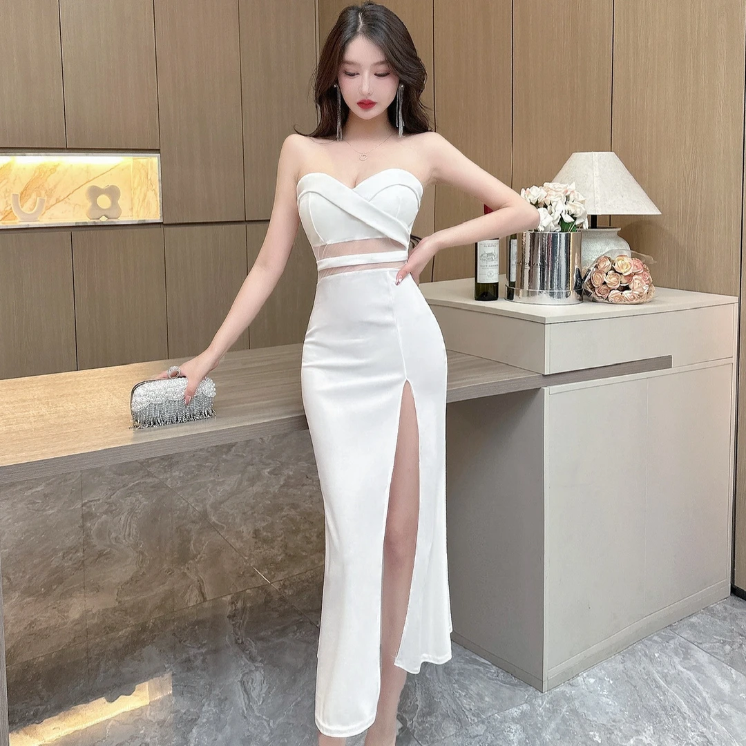 名媛气质高端轻奢低胸抹胸连衣裙性感显瘦夜场内搭晚礼服开叉长裙