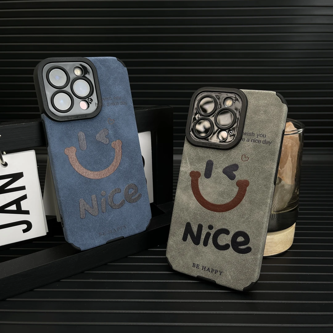 创意简约nice笑脸iPhone15Pro max手机壳苹果14/13防摔潮牌皮纹壳