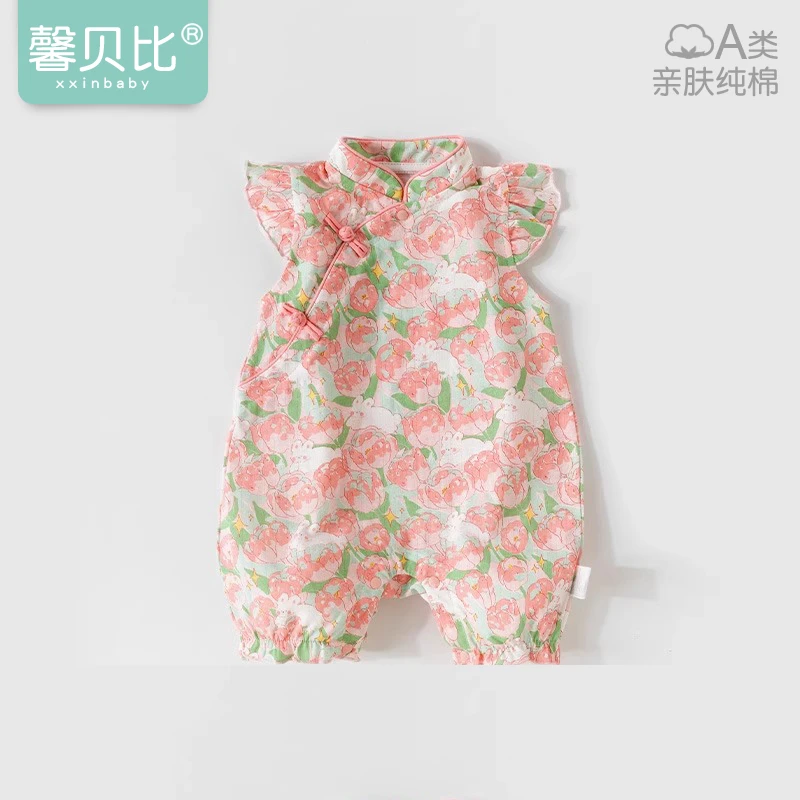 馨贝比女宝宝无袖连体衣夏季纯棉婴儿背心哈衣旗袍女幼童可爱夏装